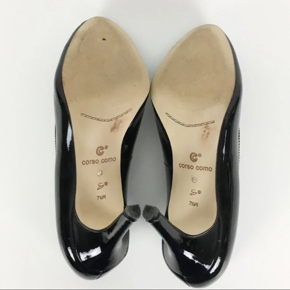 Corso Como Size 7.5 Classic Minimalist Black Leather Patent Heels‎ Pumps Shoes